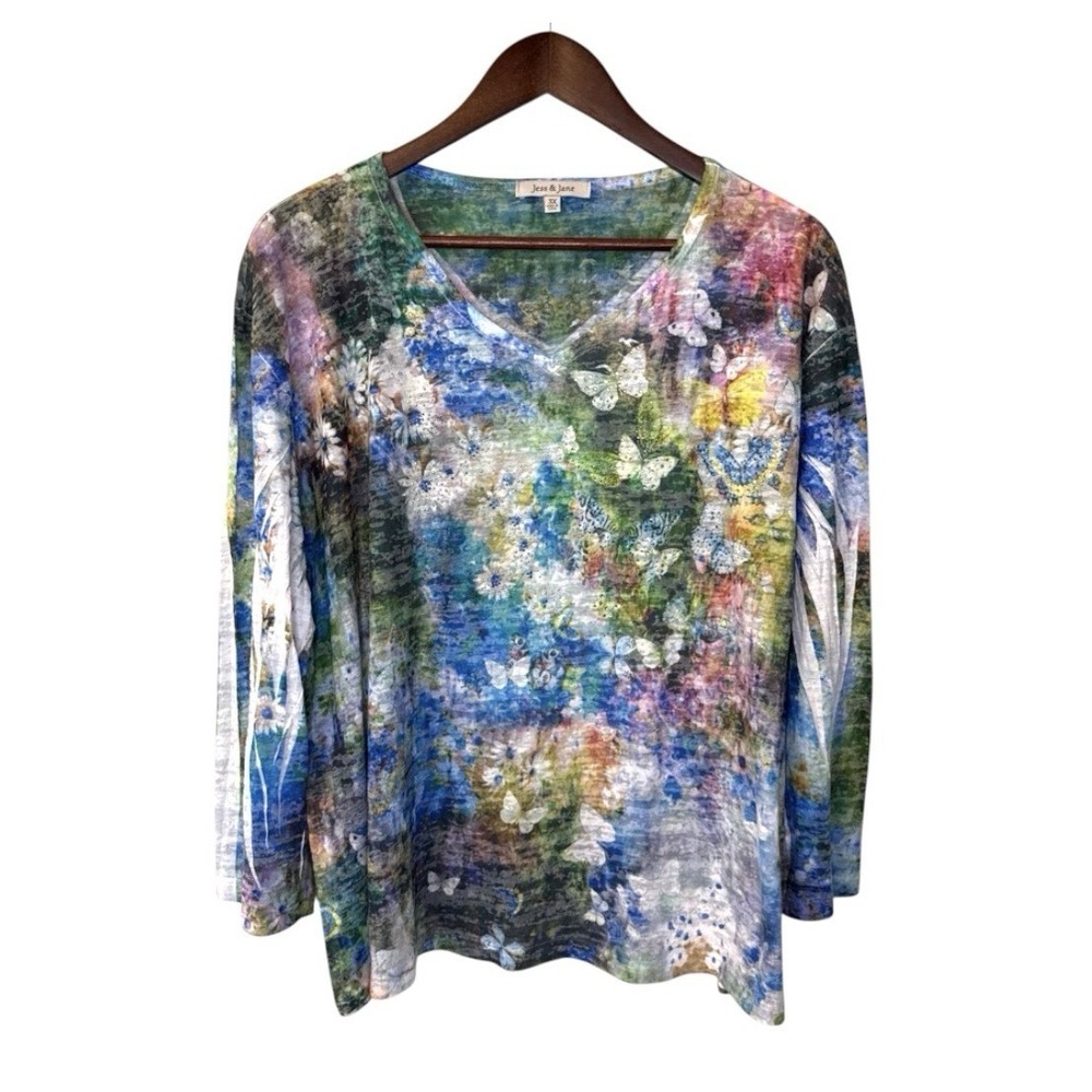 Jess and Jane top women's 3X colorful floral butterfly artsy boho rhinestone USA